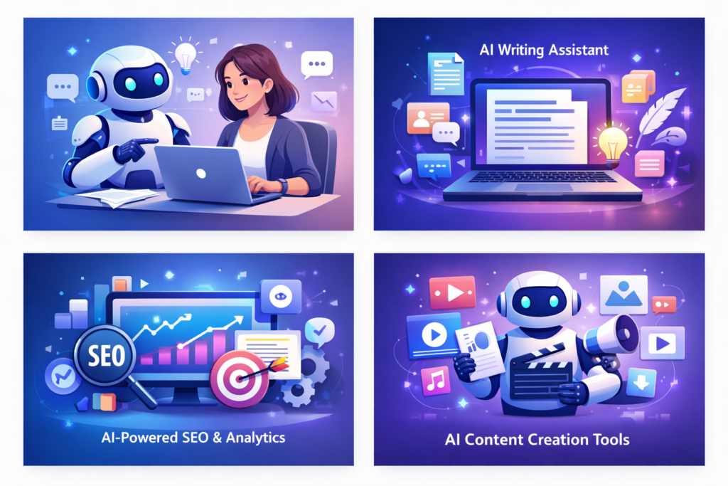 AI writing assistant tool illustration for content creation, blog writing, copywriting and digital marketing automation